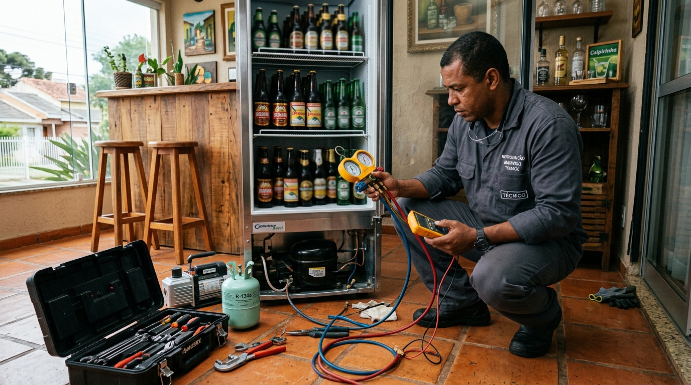 Profissional executando reparo no motor de cervejeira em Caxias do Sul‑RS