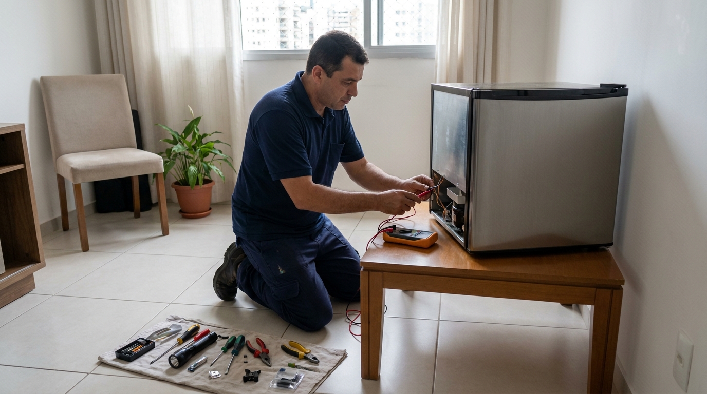 Técnico fazendo manutenção do motor de frigobar em Caxias do Sul‑RS