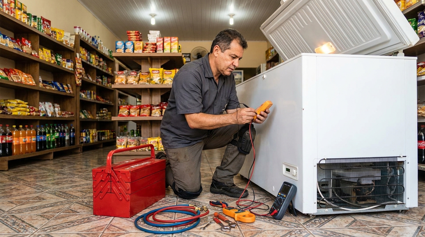 Recarga de gás refrigerante no freezer durante atendimento em Caxias do Sul‑RS