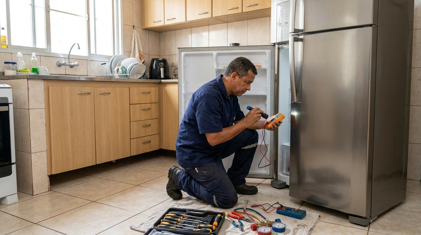 Técnico aplicando recarga de gás refrigerante em geladeira em Caxias do Sul‑RS